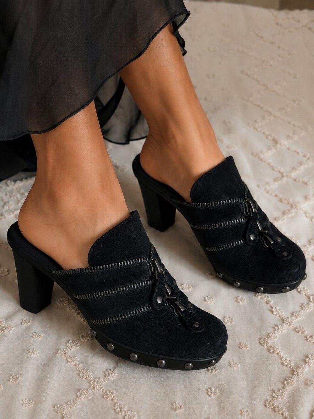 A. Marinelli Black Suede Zipper Clog Mules Edgy Studded Platform Heels Size 8M